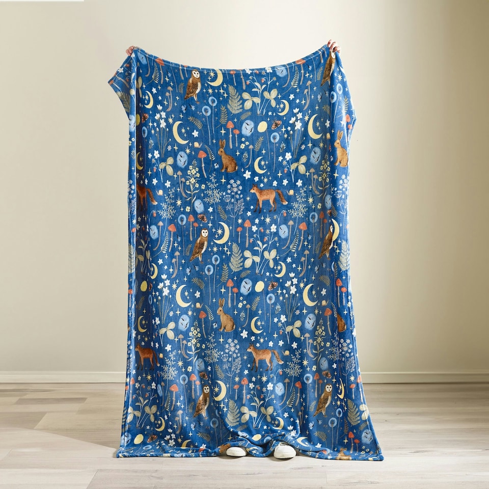 image 1 of Catherine Lansfield Enchanted Twilight Animals Cosy Fleece Blanket Throw Navy Blue Blue | Navy Blue