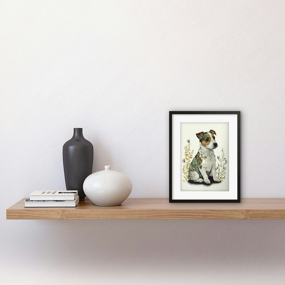 image 1 of Cute Jack Russell Dog Puppy Flower Patterns Colour Pencil 9x7" Black Framed Wall Art Print