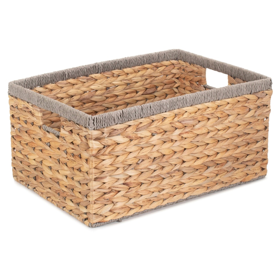 image 1 of Water Hyacinth with Grey Rope Border Rectangular Storage Basket Brown | Brown | L