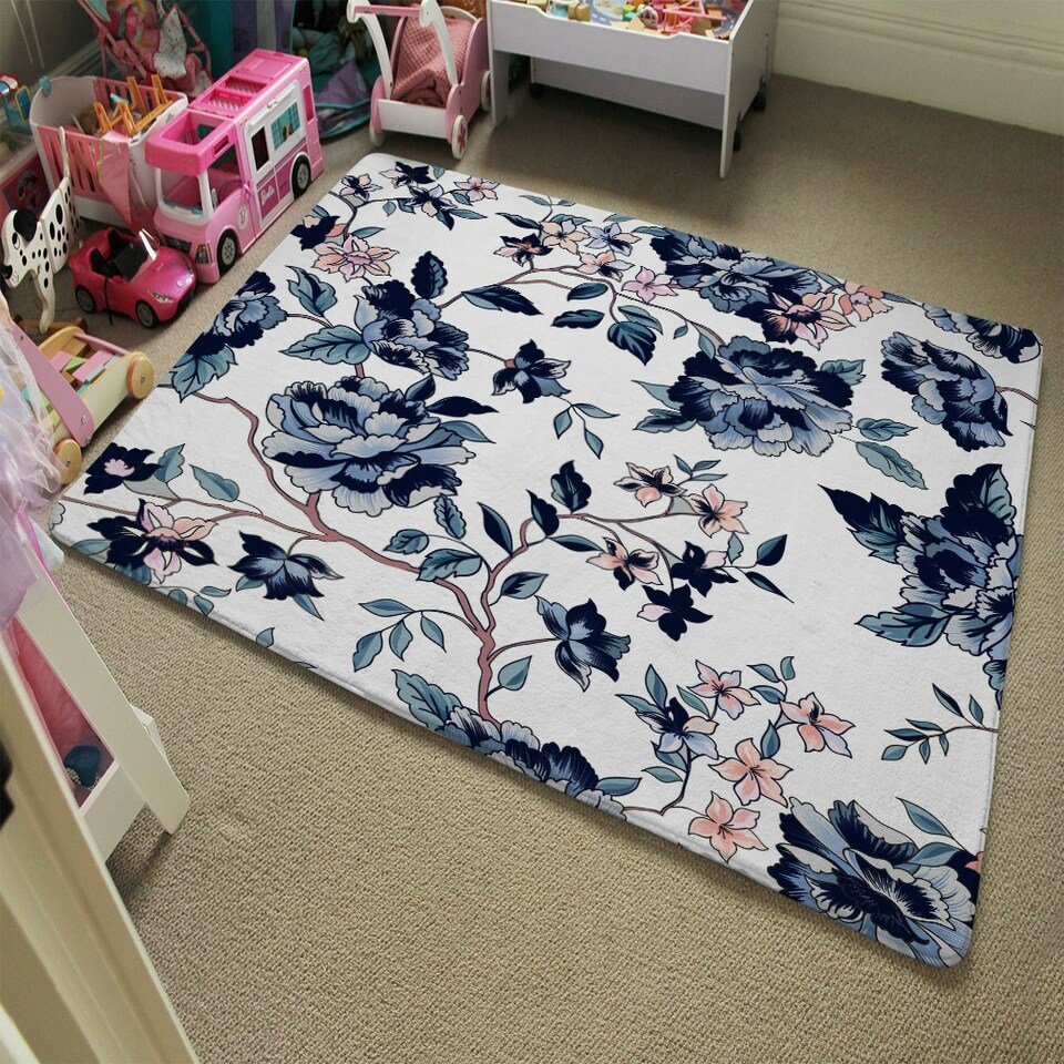 image 1 of Blue Flower Illustrations (Rug) Blue | Large: 140x200cm