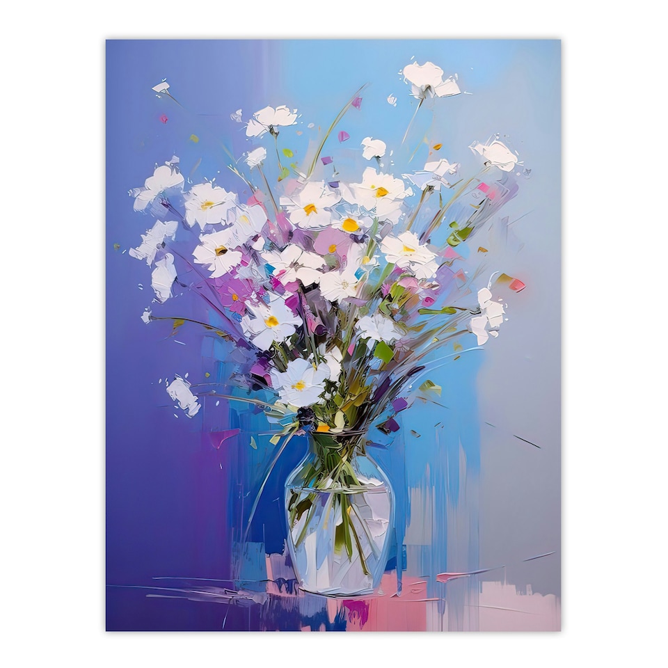 image 1 of White Daisy Bouquet Glass Vase Abstract Oil Black Framed Wall Art Print A4