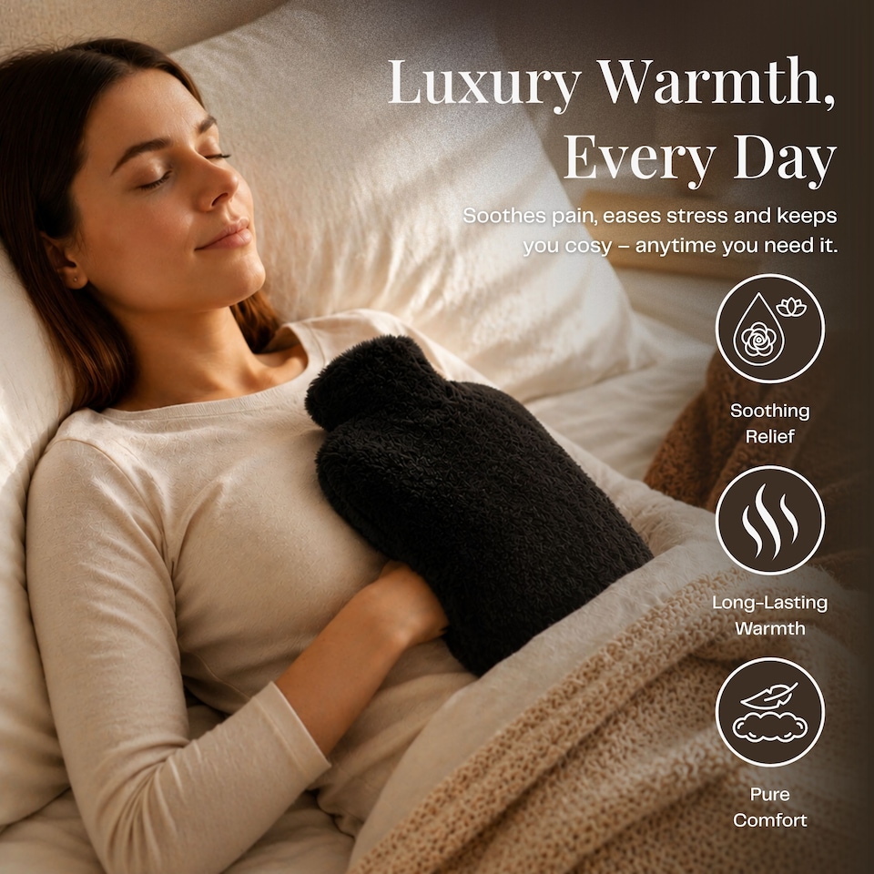 image 1 of 1L Hot Water Bottle - Luxury, Soft and Washable Hot Water Bag for Hot and Cold Compress