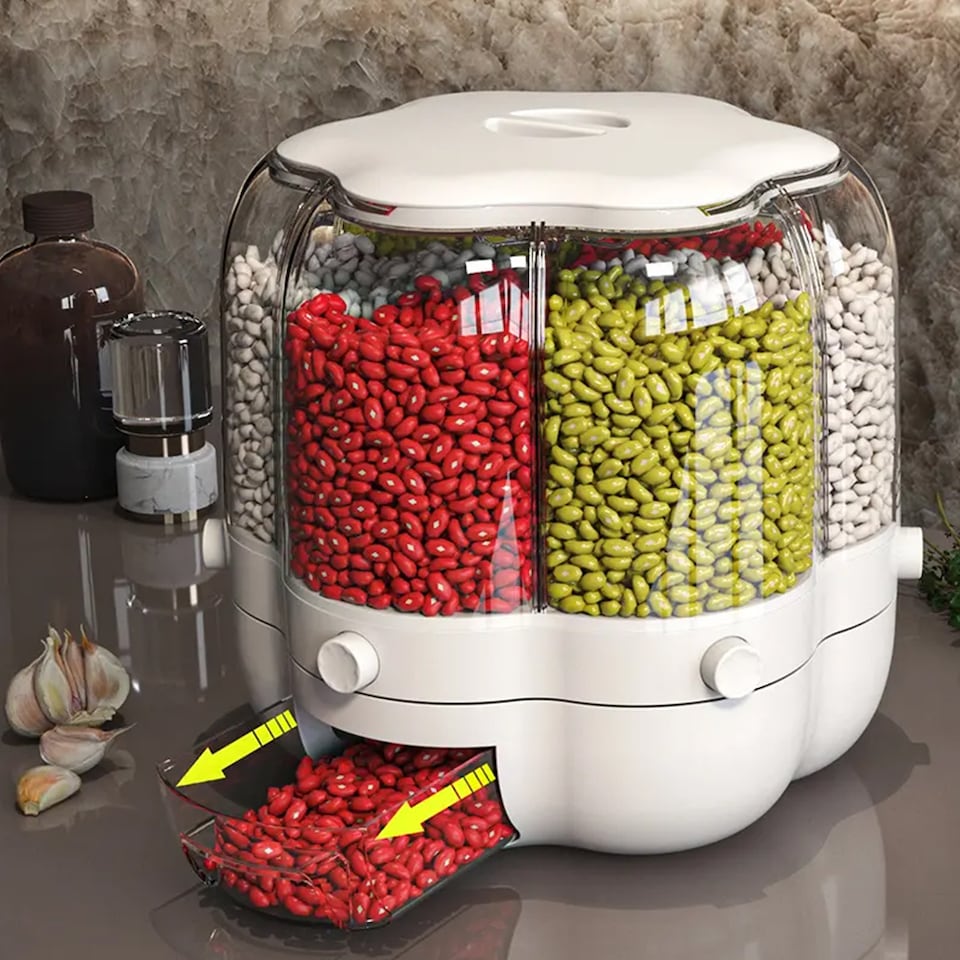 image 1 of Living and Home Food Grain Storage Container,6 Grids Rotating Storage Container for Kitchen | White