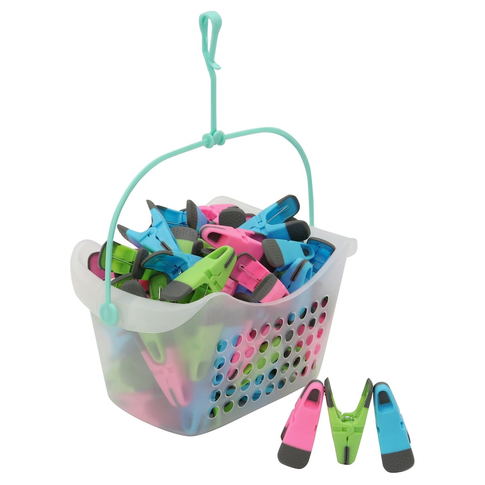 image 1 of JVL Plastic Peg Basket with 96 Prism Soft Touch Clip Pegs, Multicolor