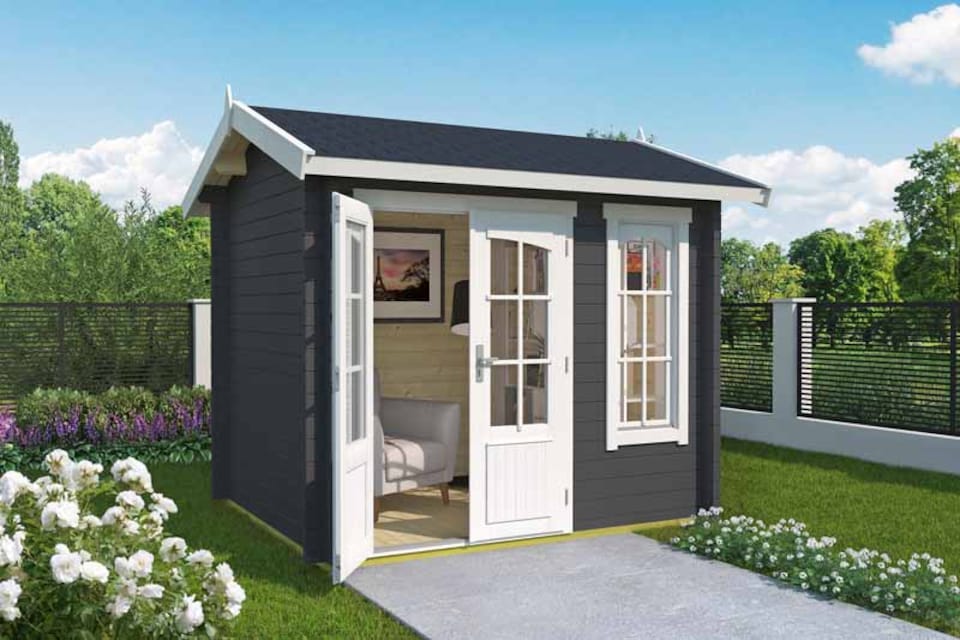 image 1 of Alex Mini-Log Cabin, Wooden Garden Room, Timber Summerhouse, Home Office - L290 x W254.1 x H245.1 cm | Grey