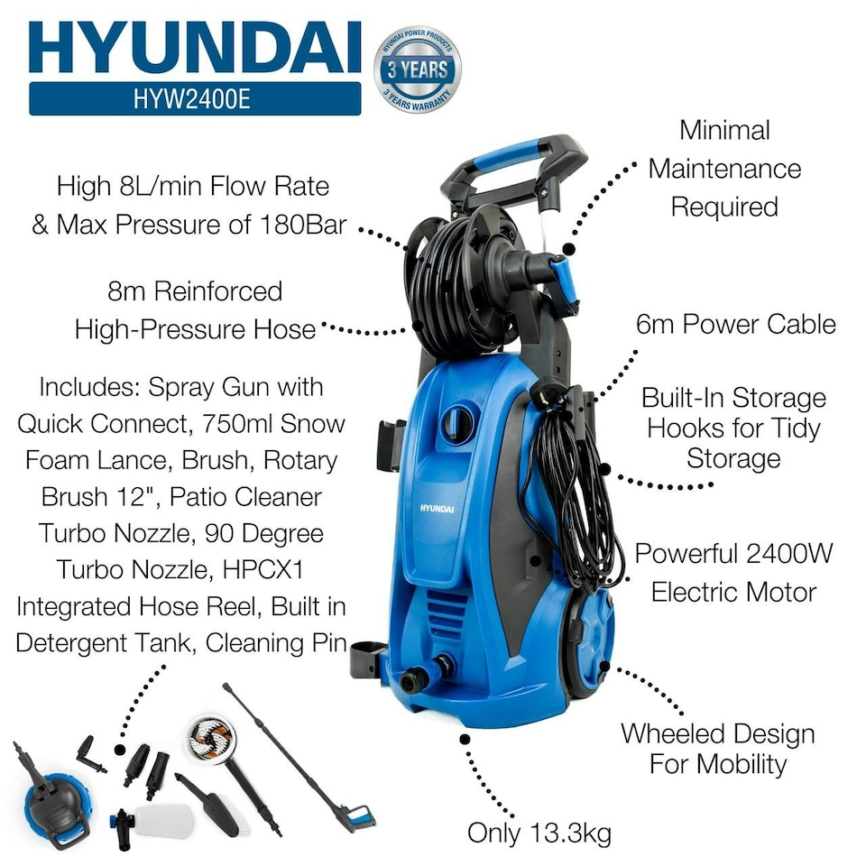 image 1 of Hyundai 180Bar/ 2610psi Electric Pressure Washer, 8L/min, 2400W High-Performance Jet Wash with Hose & Attachments | HYW2400E