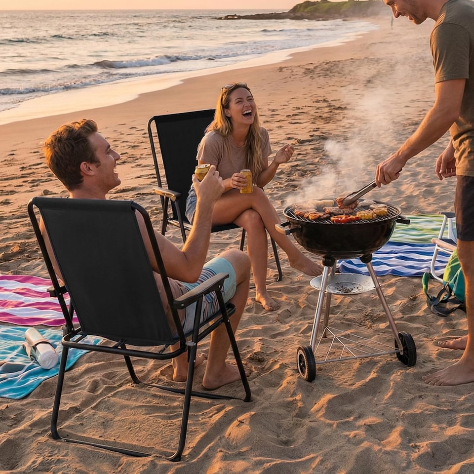 image 1 of 2 Pack Folding Beach Deck Chair with Armrests Portable Camping Garden Picnic | Black