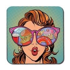 Woman with sunglasses. Fast food and sweets in the reflection (Coaster)
