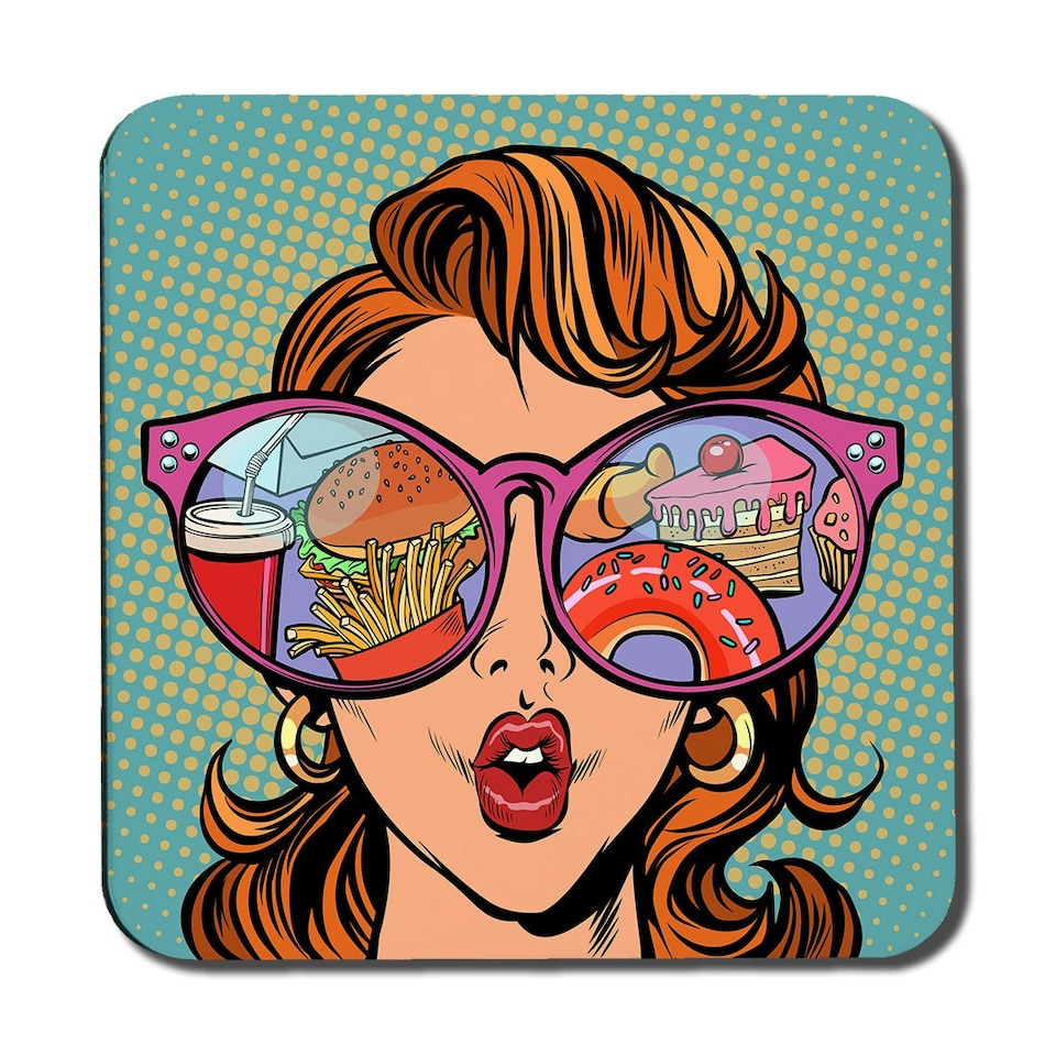 image 1 of Woman with sunglasses. Fast food and sweets in the reflection (Coaster)