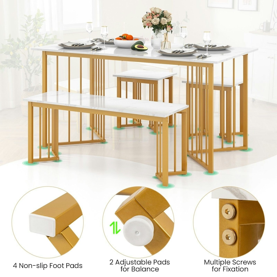 image 1 of COSTWAY 4 Piece Dining Table Set Kitchen Table Bench & 2 Stools White