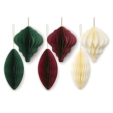 Pack of 6 Traditional Assorted Honeycomb Paper Christmas Baubles Decorations