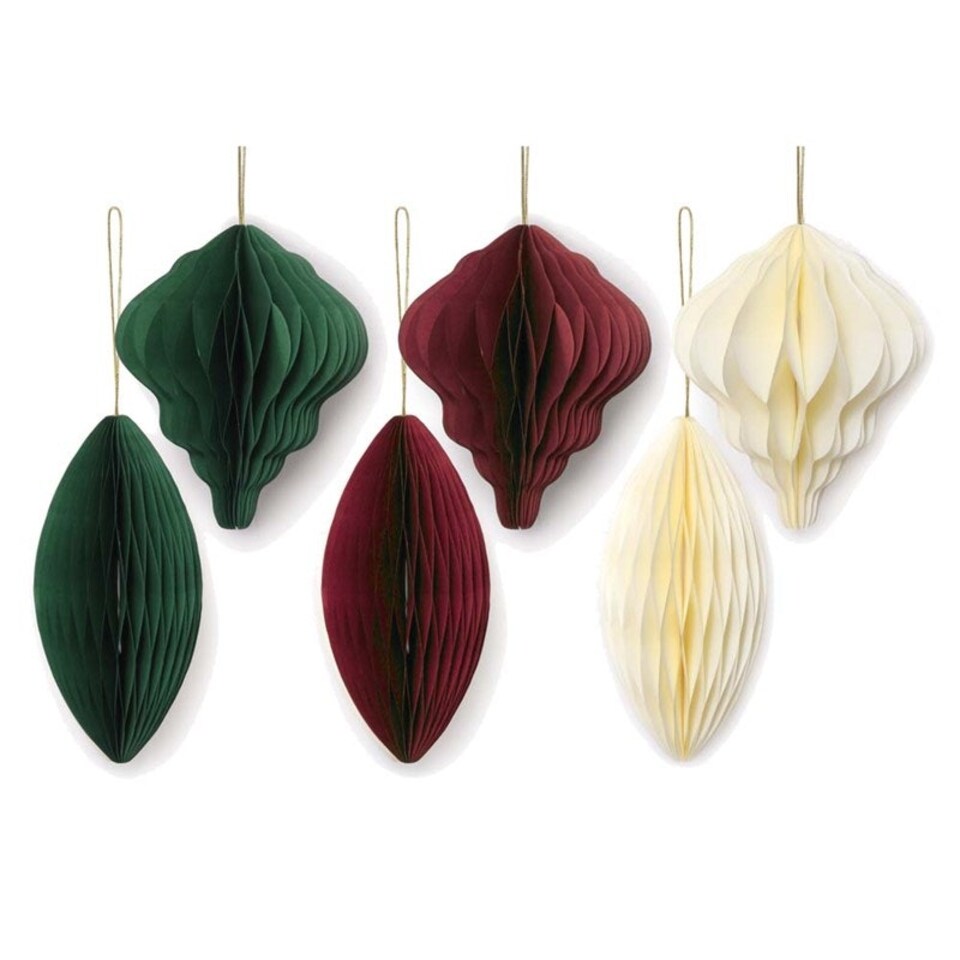 image 1 of Pack of 6 Traditional Assorted Honeycomb Paper Christmas Baubles Decorations