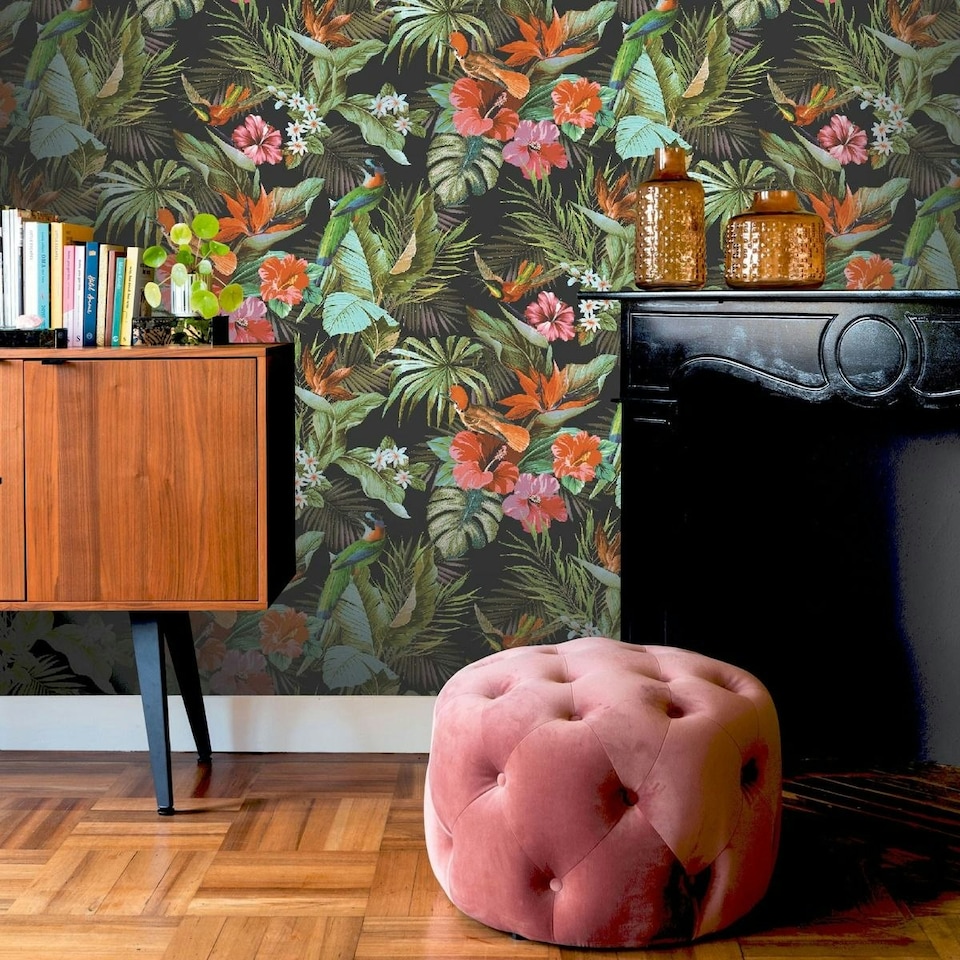 image 1 of Rasch Paradise Birds Heavyweight Vinyl Textured Wallpaper - Black/Multicoloured - 10m x 53cm Black