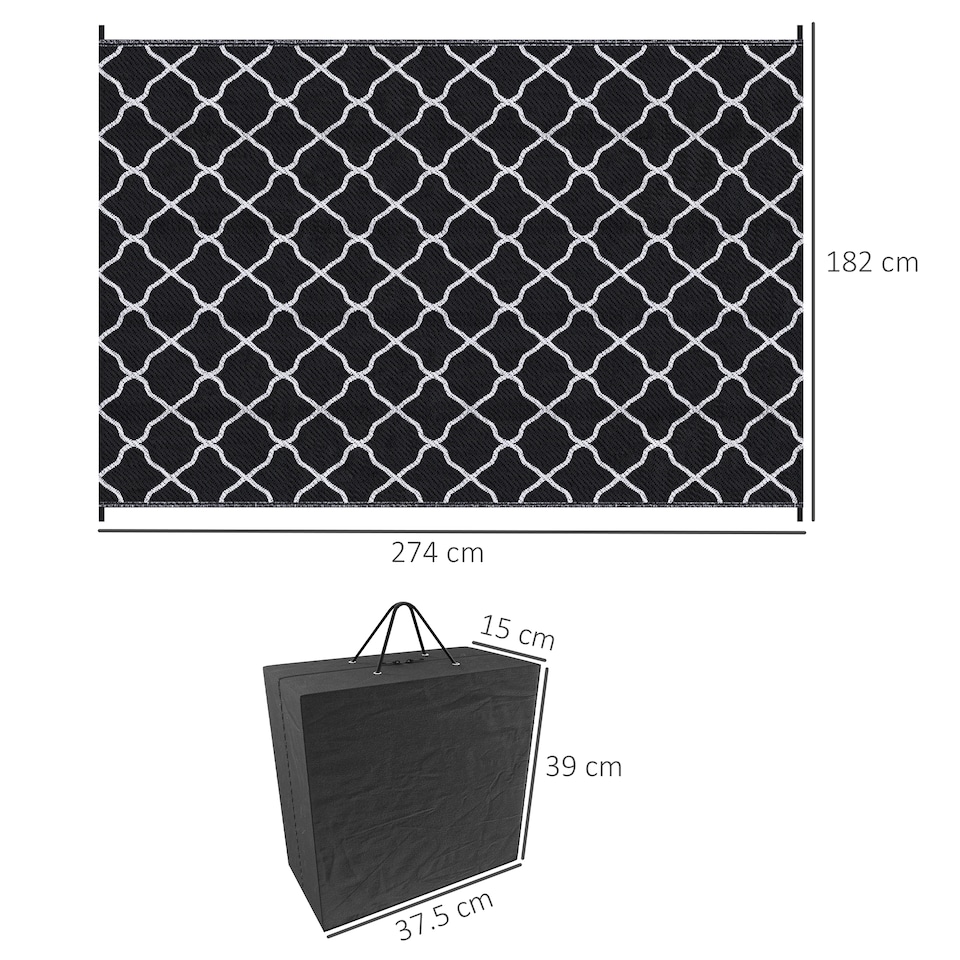 image 1 of Outsunny Reversible Waterproof Outdoor Rug W Carry Bag, 182 x 274 cm | Black | Black | 182 x 274 x 0.3cm
