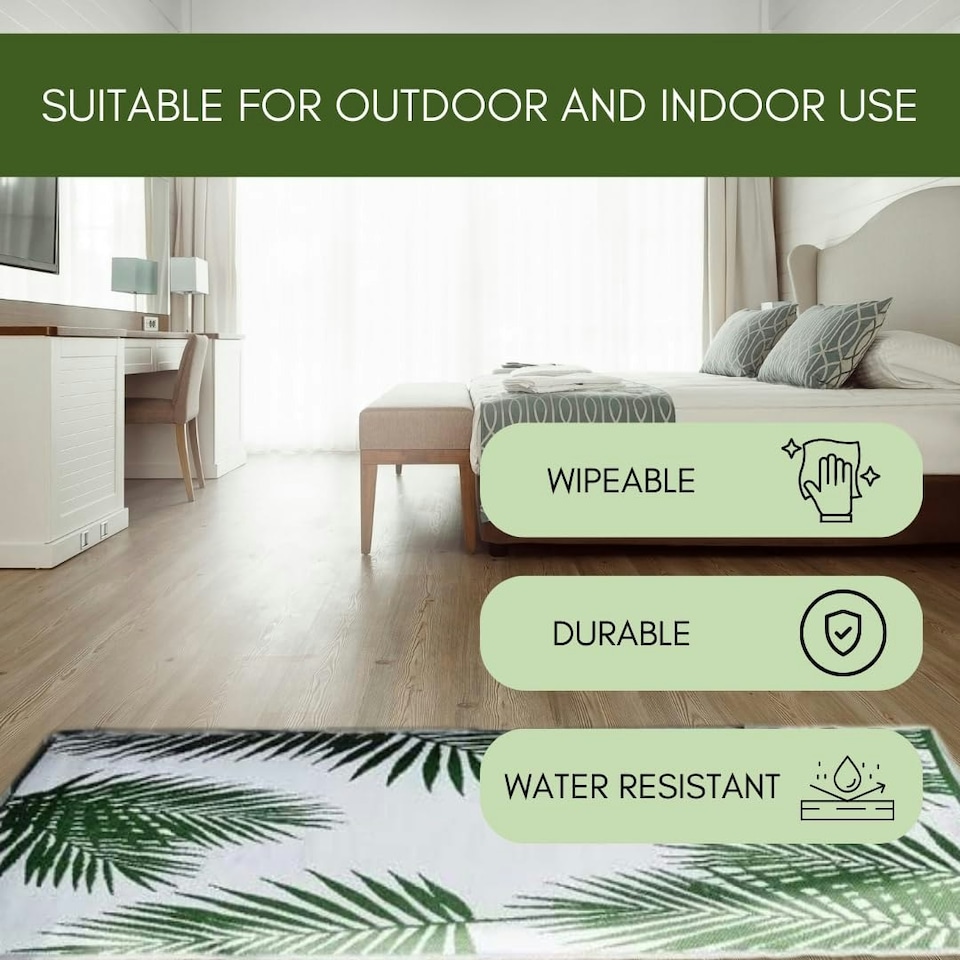 image 1 of Marco Paul Green Tropical Leaf Outdoor Rug Green | 180 x 120cm
