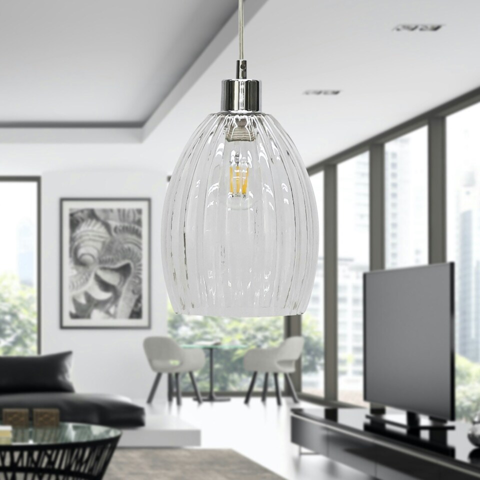 image 1 of First Choice Lighting Set of 2 Birch Clear Fluted Glass with Chrome Pendant Fittings Chrome | Clear