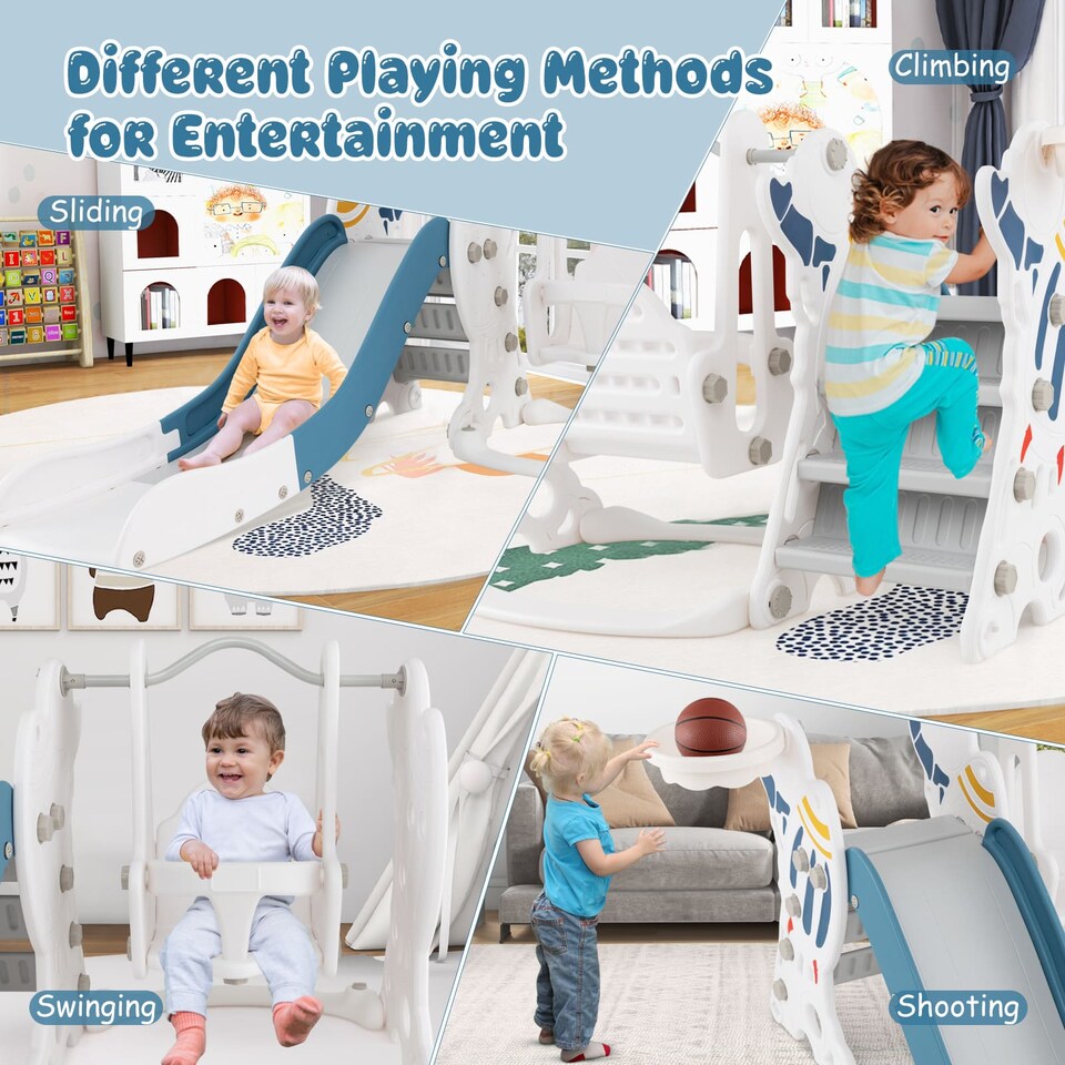 image 1 of COSTWAY Toddler Slide and Swing Set 4-in-1 Indoor Playground With Extended Slide