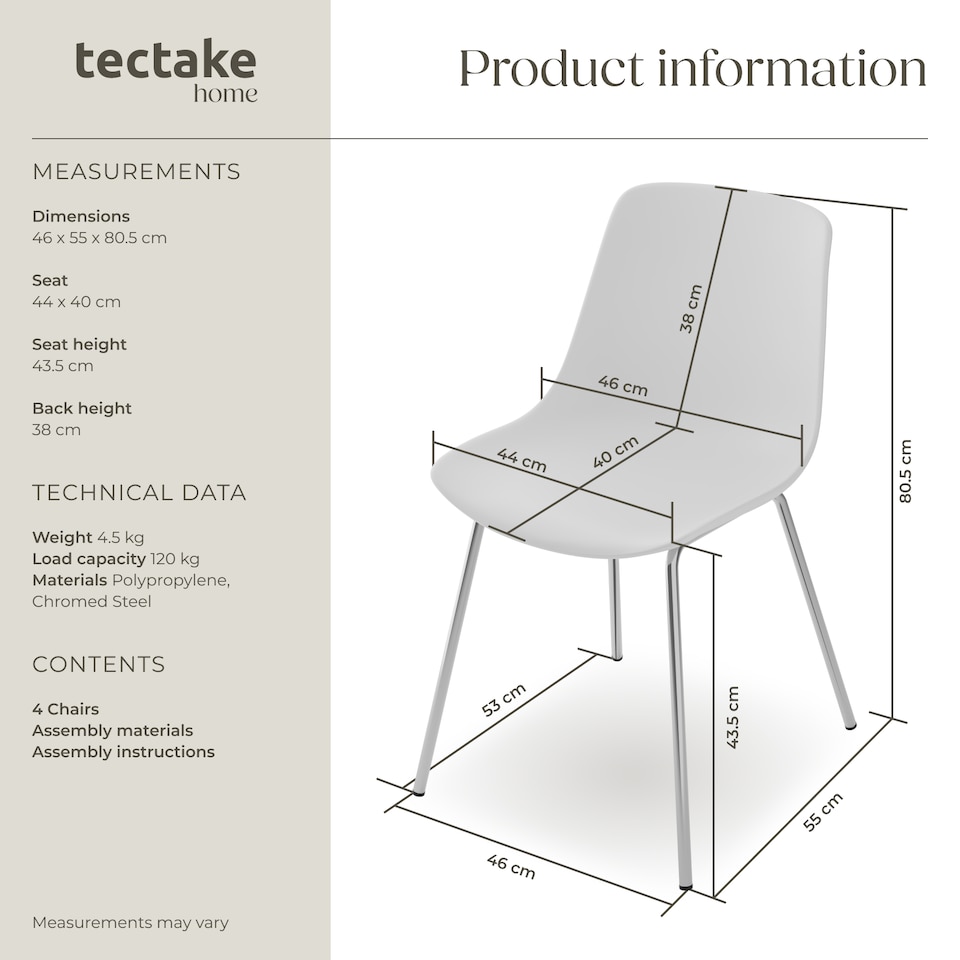 image 1 of Dining Chair Mave - large plastic seat, ergonomic, high backrest, 120 kg load capacity | White | white/chrome | 4