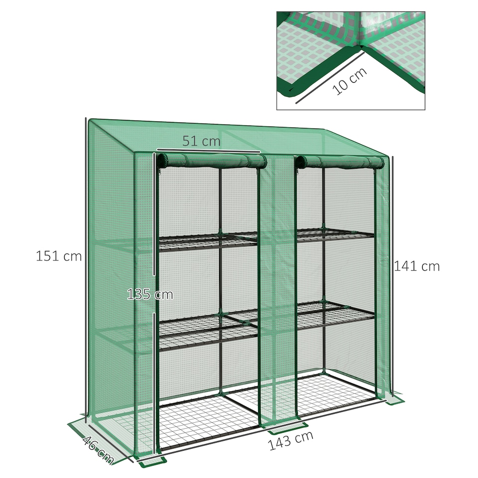 image 1 of Outsunny 3 Tier Lean-to Mini Greenhouse with Reinforced Plastic Cover, Portable Indoor Outdoor Green House with 2 Roll-up Doors and 6 Wire Shelves, Green | Green