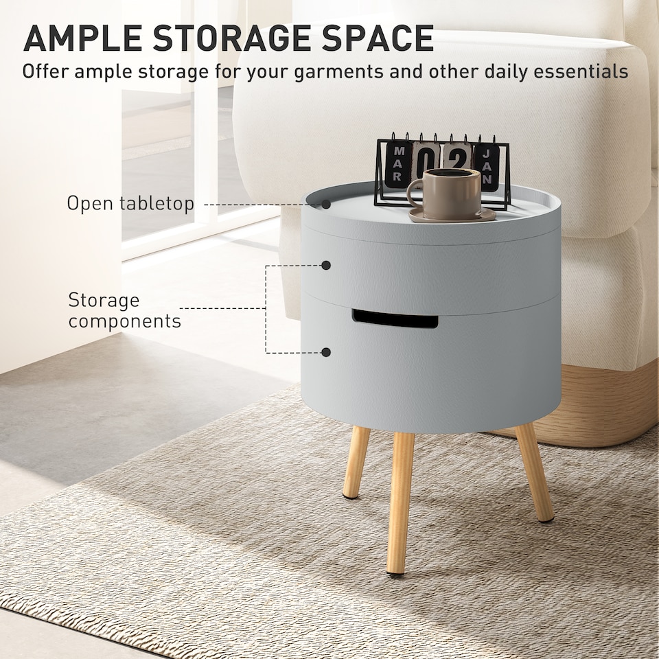 image 1 of HOMCOM 3-Tier Coffee Table, Round End Table with 2 Hidden Compartments and Detachable Tray, Side Table with Storage for Living Room, Grey | Grey