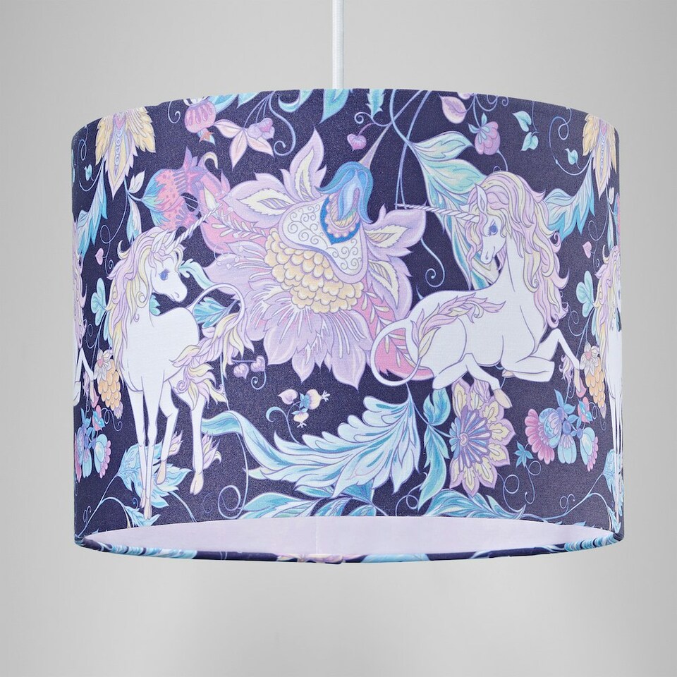 image 1 of Feminine Purple & Pink Cotton 10" Shade with Elegant Unicorns and Green Flowers