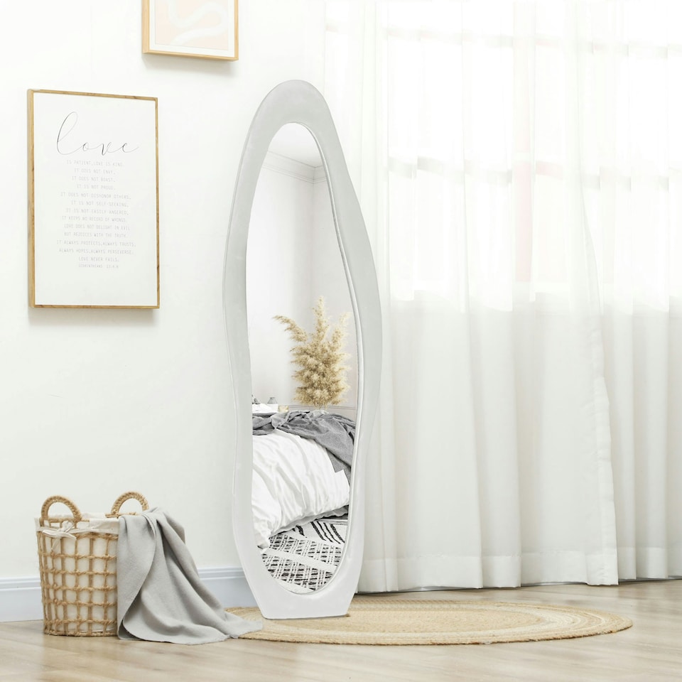 image 1 of HOMCOM Irregular Full Length Mirror with Velvet Frame 160 x 50cm White