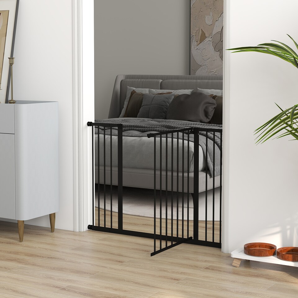 image 1 of PawHut Pressure Fitted Pet Dog Safety Gate Metal Fence, Black