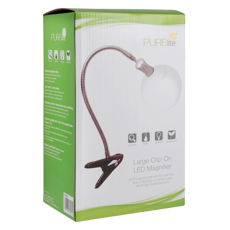 image 1 of PURElite Clip-on Magnifying Light - Battery Powered Table & Desk Lamp with LED Bulbs, Flexible for Reading, Needlework & Sewing | Silver