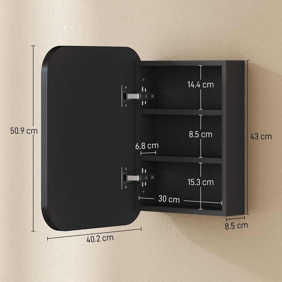 image 1 of HOMCOM Wall Mounted Bathroom Cabinet with Mirror Adjustable Shelves | Black | Black | 40.2 x 10.2 x 50.9 cm