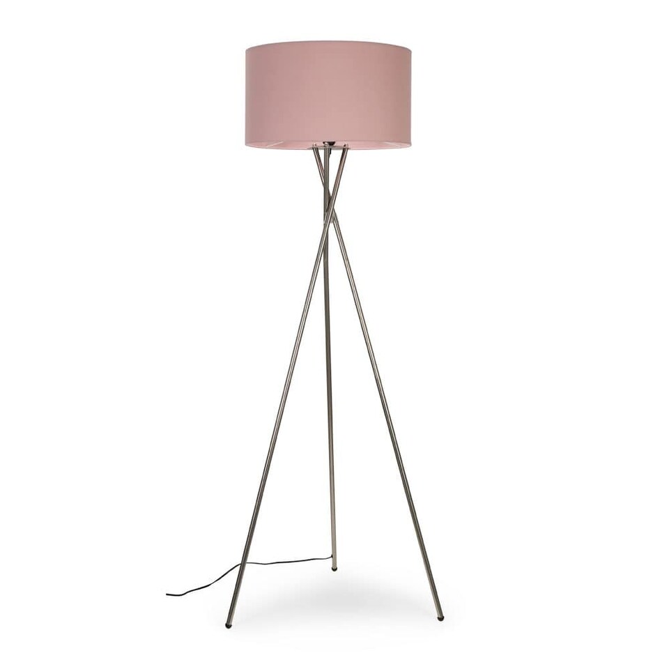 image 1 of ValueLights Camden Brushed Chrome Tripod Floor Lamp Pink Shade and Bulb