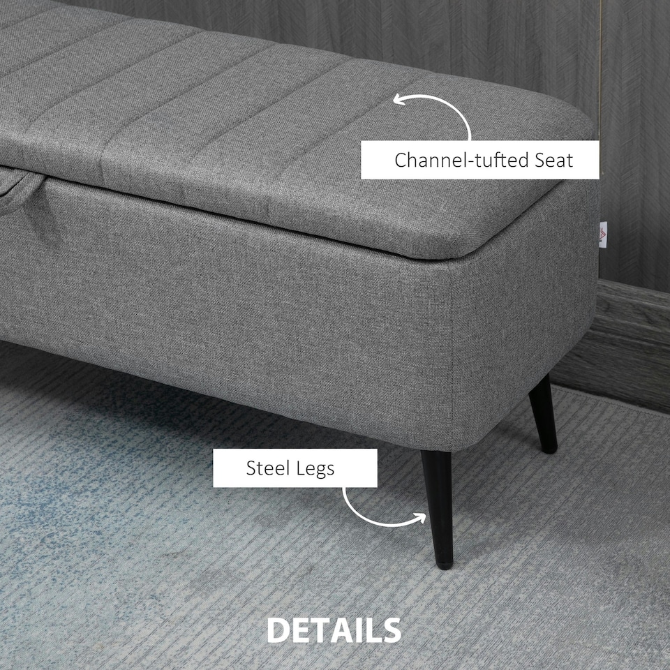 image 1 of HOMCOM Storage Ottoman Bench, Linen Fabric Footstool with Steel Legs Grey