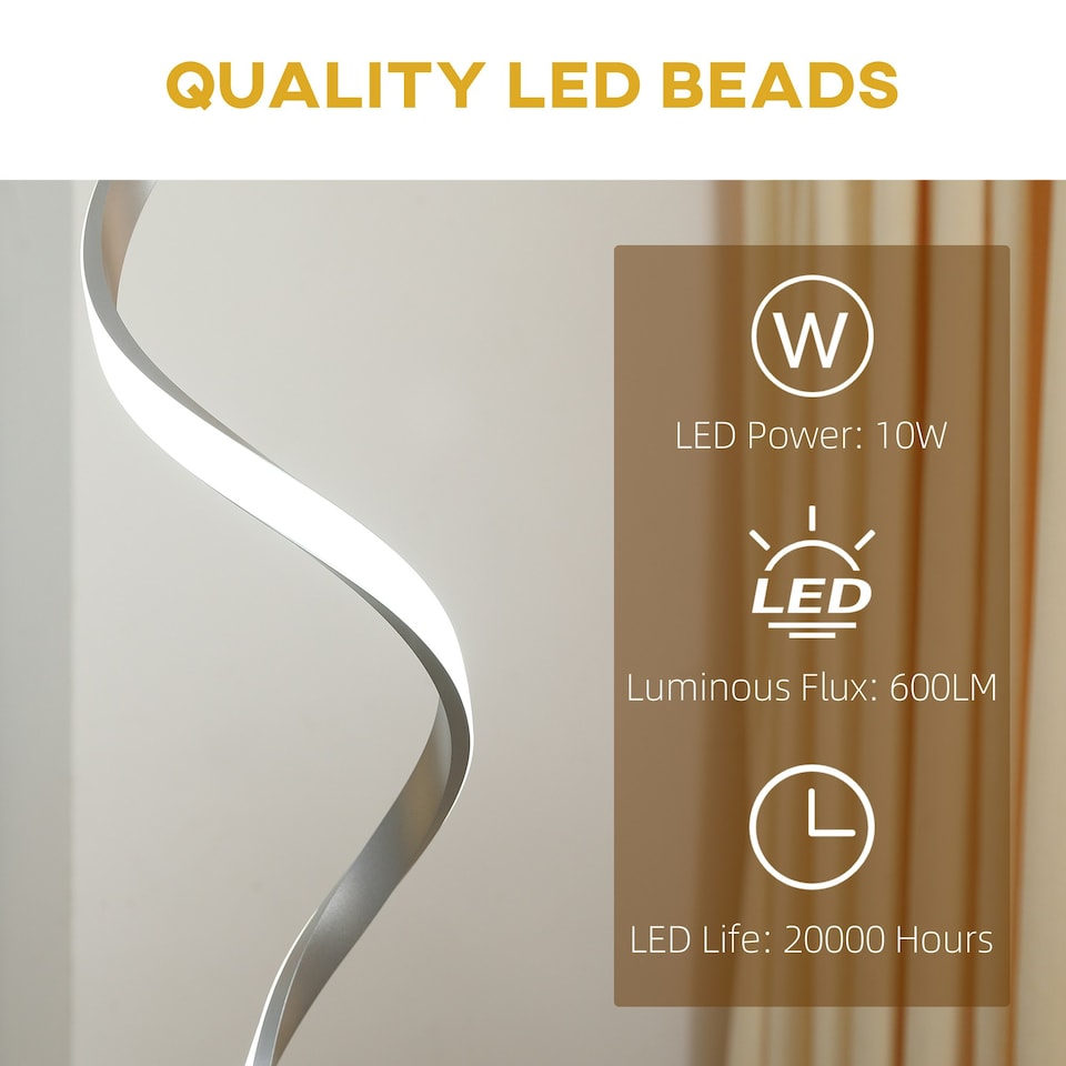 image 1 of HOMCOM Spiral Floor Lamp for Living Room with 3 Adjustable Brightness, Silver