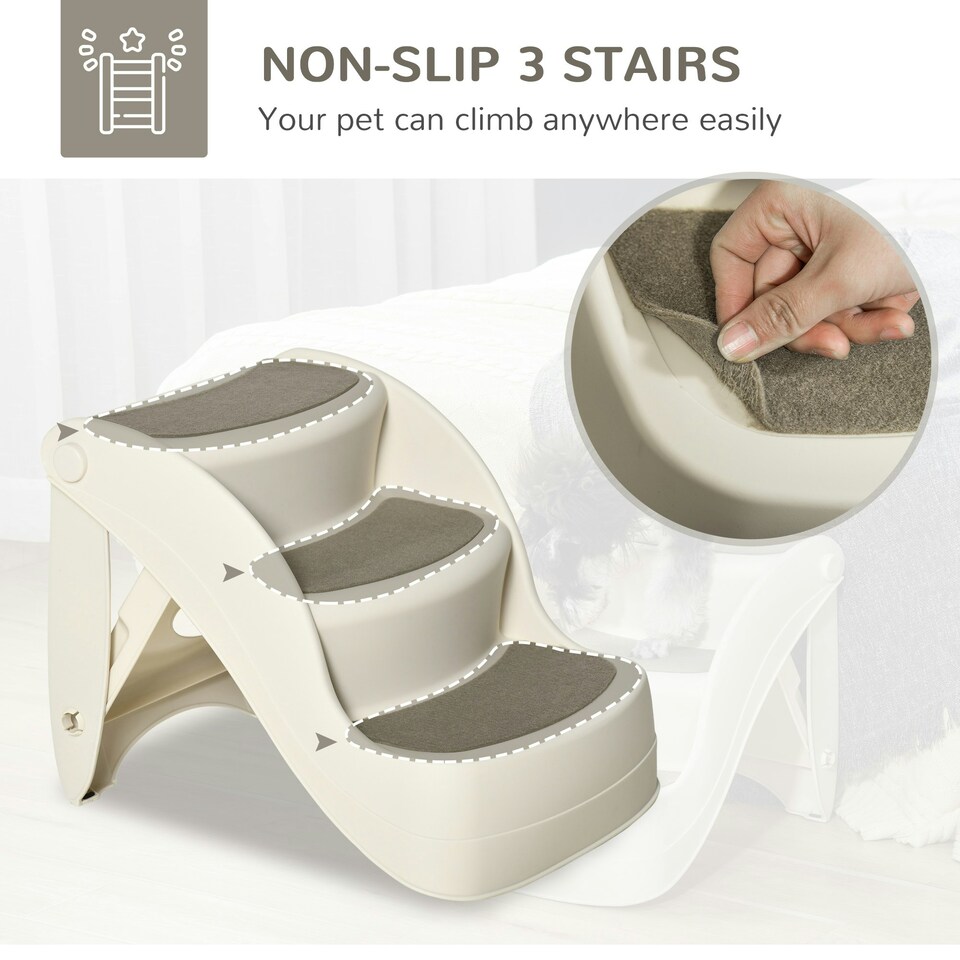 image 1 of PawHut Foldable Pet Stairs 3 Steps with Non-slip Mats for Small Dogs, Cream