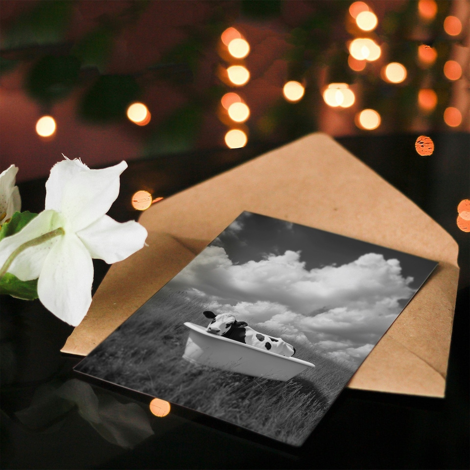 image 1 of Cow In Bathtub in a Field Black White Surreal Birthday Greeting Card