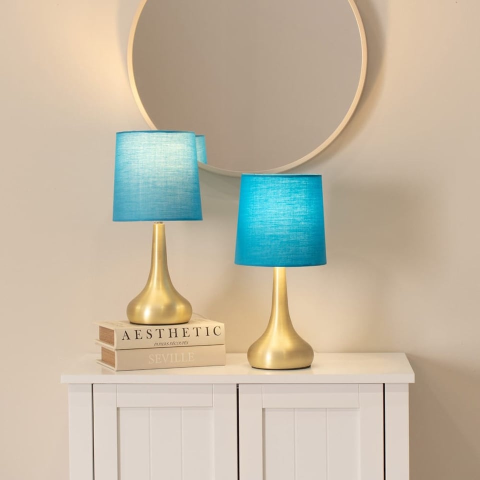 image 1 of ValueLights Teardrop Pair Gold Touch Table Lamps Blue Shade | Blue