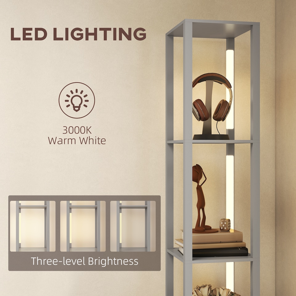 image 1 of HOMCOM Floor Lamp with Shelves, LED Column Modern Standing Lamp with Fabric Drawer, Adjustable Brightness, Foot Switch for Living Room, Bedroom, Office, Grey | Grey