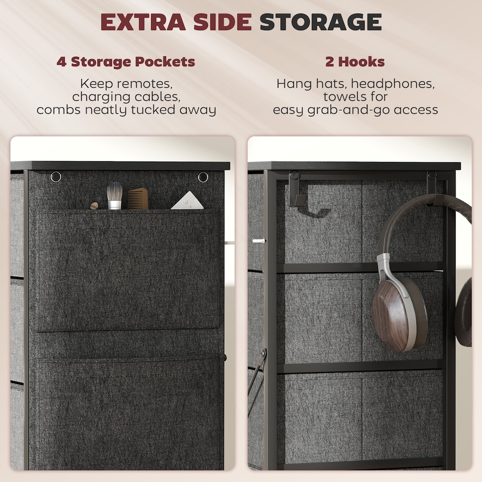 image 1 of HOMCOM Chest of Drawers, Dresser for Bedroom with 5 Fabric Drawers, Tall Storage Unit with 4 Pockets, 2 Hooks and Steel Frame for Living Room, Hallway, Charcoal Grey | Grey | Charcoal grey