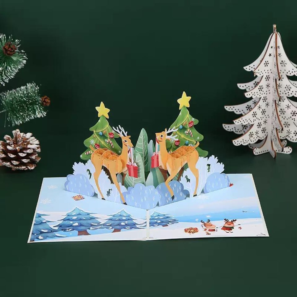 image 1 of Two-Sided Reindeer Festive Scene 3D Pop Up Christmas Card