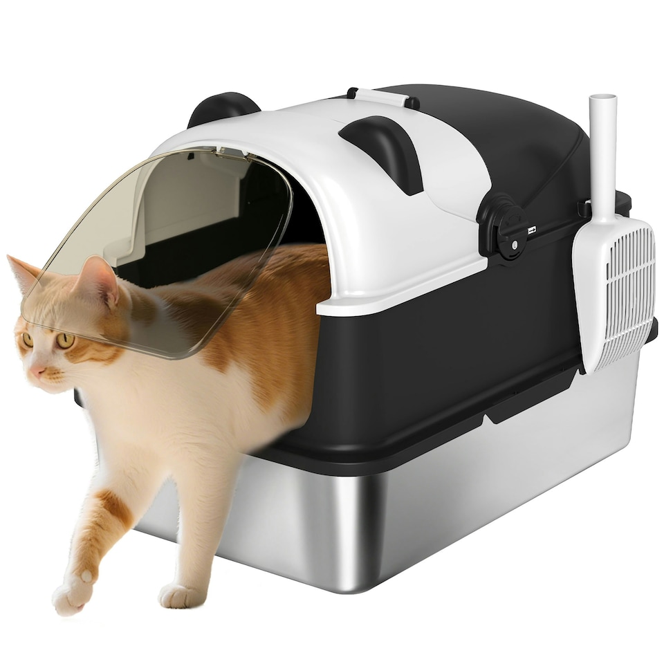 image 1 of PawHut XL Stainless Steel Litter Box Tray with Lid, Panda Style Black