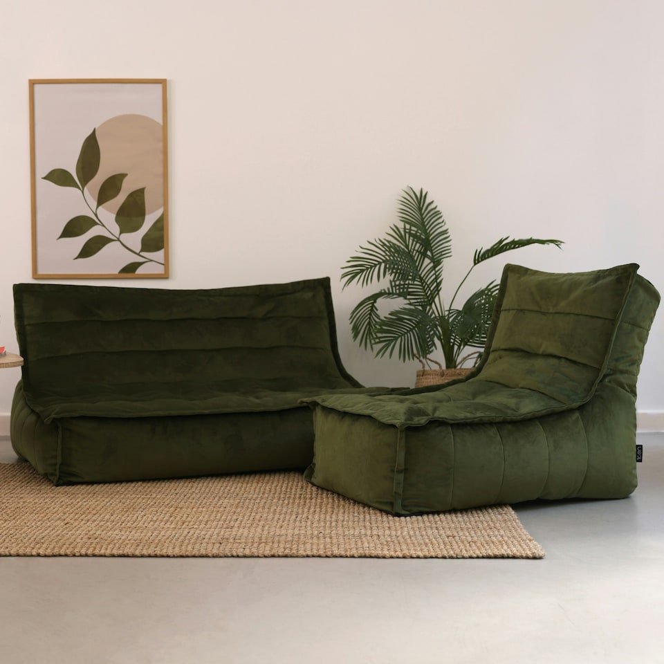 image 1 of icon Kota Velvet XL Bean Bag Sofa & Lounger Set Olive Green Bean Bag Chair Green