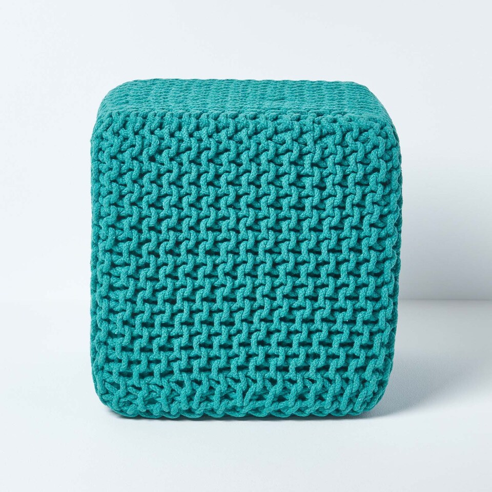 image 1 of Homescapes Teal Green Cube Cotton Knitted Pouffe Footstool