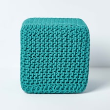 Homescapes Teal Green Cube Cotton Knitted Pouffe Footstool