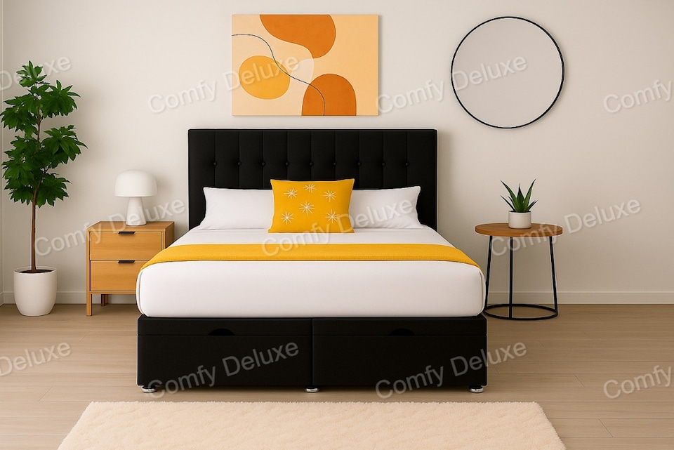 image 1 of 5ft Kingsize Ottoman Foot Lift Black Plush Velvet Headboard and Mattress Set