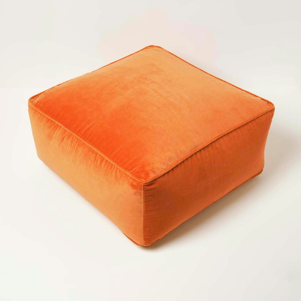 image 1 of Homescapes Burnt Orange Velvet Pouffe Bean Cube