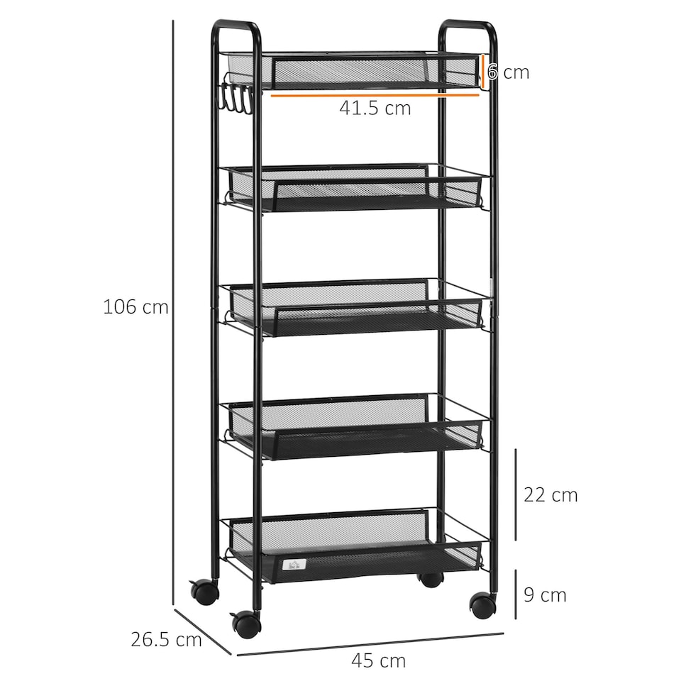 image 1 of HOMCOM 5 Tier Utility Rolling Cart with Removable Mesh Baskets, Black