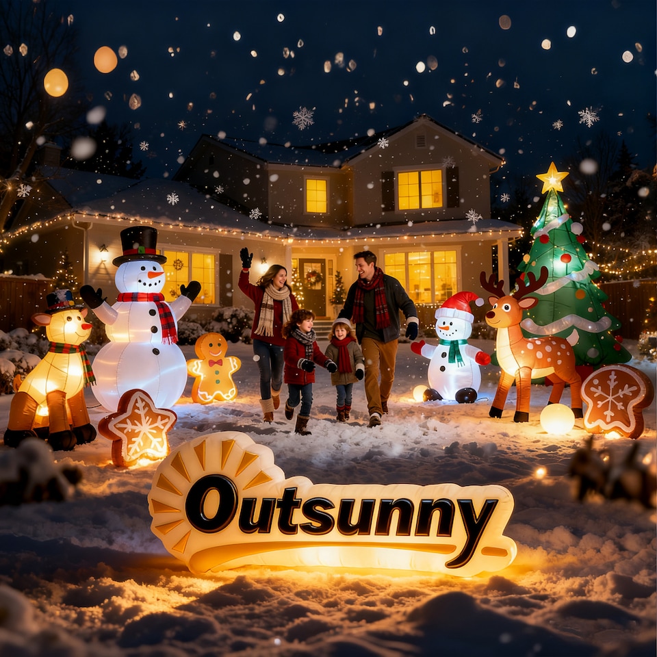image 1 of Outsunny 10ft Christmas Inflatable Cheerful Snowman Wearing Black Hat, Green Scarf and Gloves, Christmas Blow Up Outdoor LED Yard Display for Lawn Garden Party
