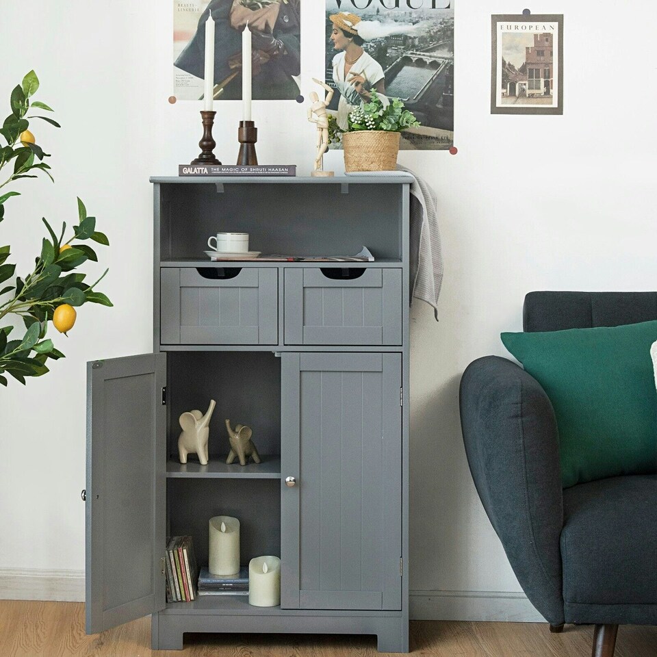 image 1 of COSTWAY Bathroom Cabinet Wooden Storage Cupboard Grey Grey