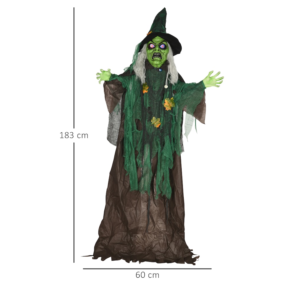 image 1 of HOMCOM 6ft Outdoor Halloween Decoration Witch, Standing Witch Prop Life Size with Sound and Motion Activated, Light Up Eyes Magical Heart, Talking Sound, Posable Arms, Moving Head