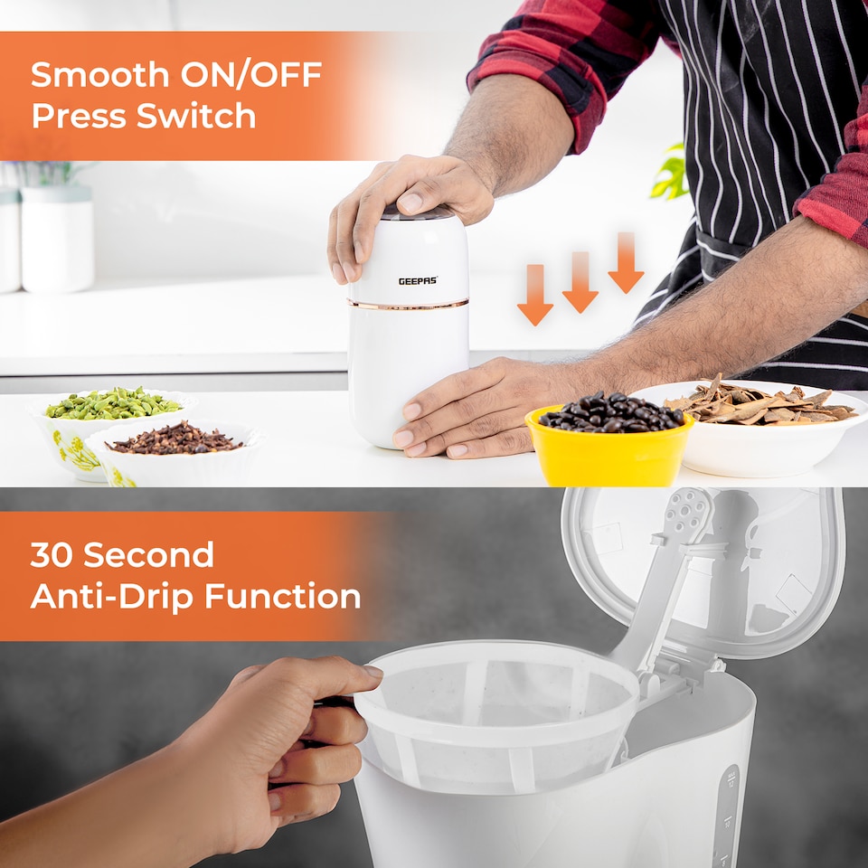 image 1 of Geepas 1.5L Filter Coffee Machine and 80g Coffee Grinder Set White