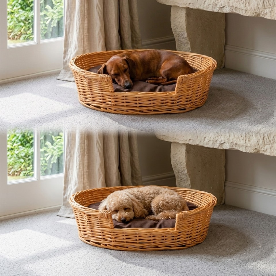 image 1 of Honey Color Wicker Dog Pet Bed with Washable Cushions (Large)